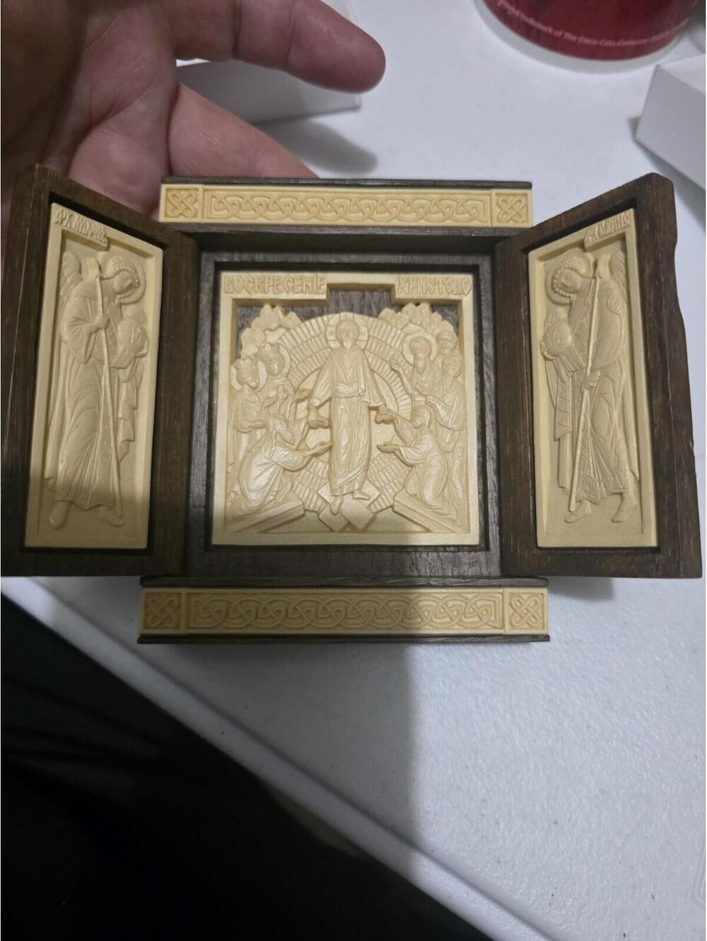 Orthodox Wooden Triptych Icon Resurrection of Christ Hand Carved Religious Art